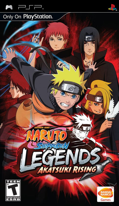 Naruto Shippuden Legends Akatsuki Rising PlayStation Portable PSP fighting action game featuring the Akatsuki organization villain roster story mode ultimate jutsu battles and ad-hoc multiplayer versus combat from the Naruto anime series front cover