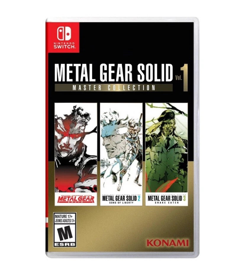 Metal Gear Solid Master Collection Vol 1 game collection for the Nintendo Switch featuring classic stealth action titles including Metal Gear Solid Metal Gear Solid 2 and Metal Gear Solid 3 with updated controls bonus content and cinematic storytelling front cover