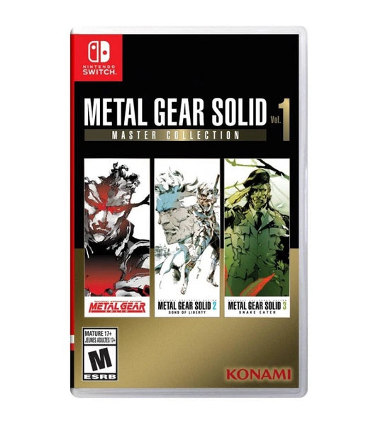 Metal Gear Solid Master Collection Vol 1 game collection for the Nintendo Switch featuring classic stealth action titles including Metal Gear Solid Metal Gear Solid 2 and Metal Gear Solid 3 with updated controls bonus content and cinematic storytelling front cover