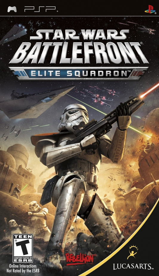 Star Wars Battlefront Elite Squadron PlayStation Portable PSP video game, third-person shooter, large-scale sci-fi battles, Star Wars franchise title front cover