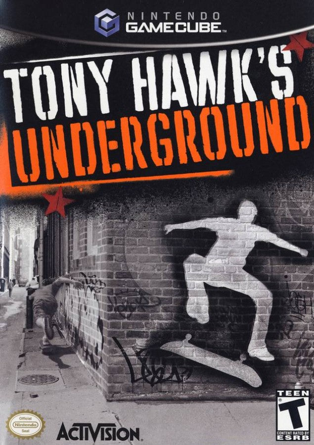 Tony Hawk's Underground Nintendo GameCube GC video game featuring skateboarding sports action gameplay professional skateboarders street skating skate parks open world exploration story driven career mode custom skater creation skateboard tricks grinds flips manuals combos challenging goals competitions and classic extreme sports gaming retro video game collection collectible gaming appeal front cover art