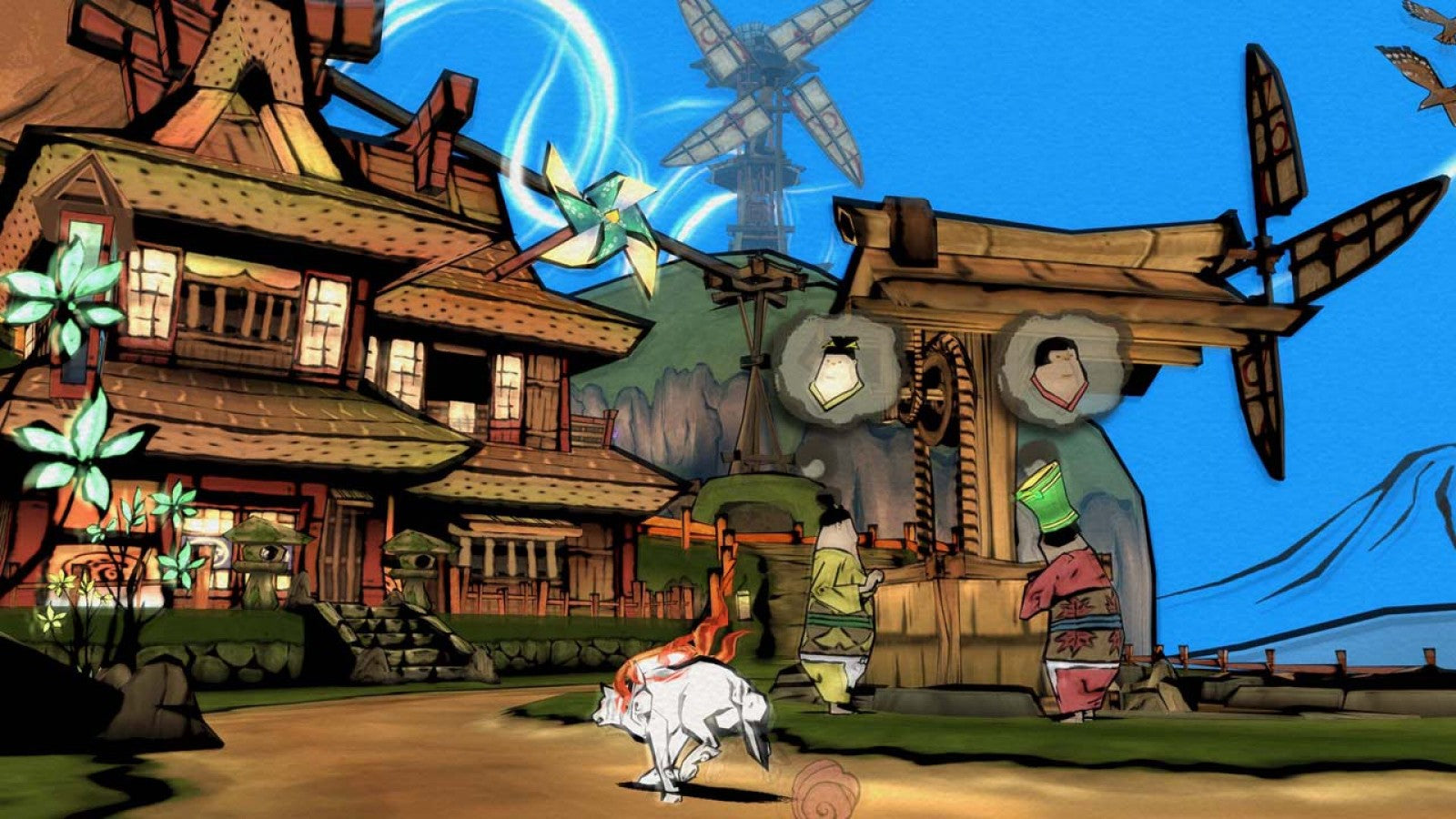 Ōkami HD Nintendo Switch inspired design featuring mythological action adventure aesthetic Japanese ink wash art style divine wolf protagonist celestial brush magic puzzle solving exploration and boss battles flowing watercolor inspired world presentation gameplay 