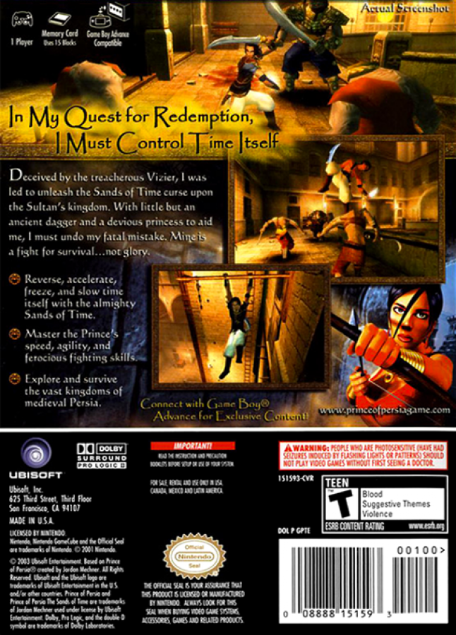 Prince of Persia The Sands of Time GameCube GC video game, action adventure, platforming and puzzles, time manipulation gameplay, Nintendo GameCube classic back cover