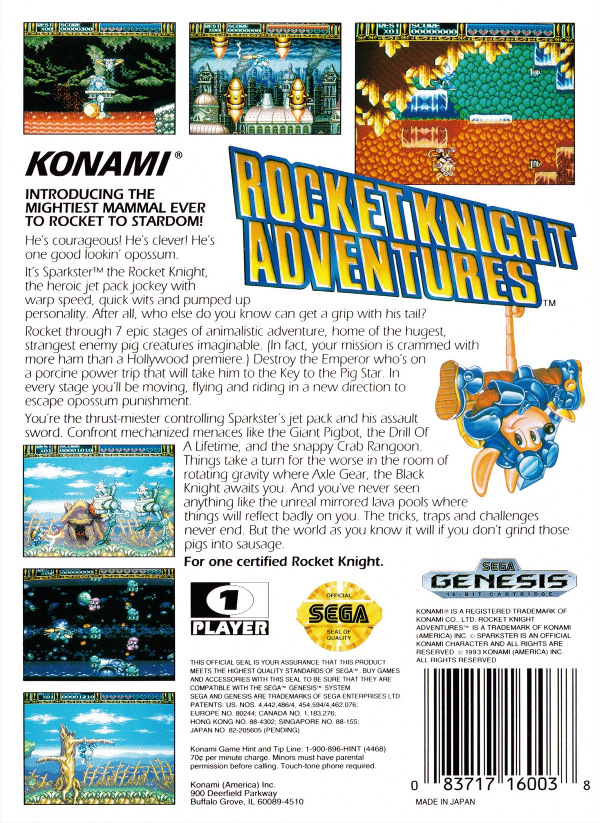 Rocket Knight Adventures Sega Genesis GEN video game featuring action platforming gameplay Sparkster rocket powered movement sword combat enemy battles colorful fantasy environments challenging stages boss fights and classic 16 bit Sega gameplay retro video game collection collectible gaming appeal back cover art