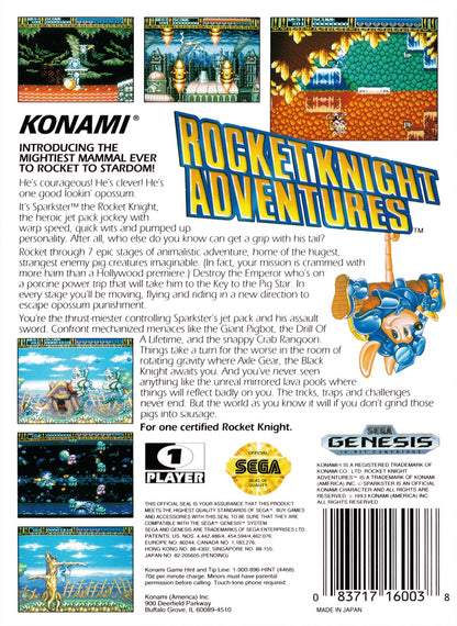 Rocket Knight Adventures Sega Genesis GEN video game featuring action platforming gameplay Sparkster rocket powered movement sword combat enemy battles colorful fantasy environments challenging stages boss fights and classic 16 bit Sega gameplay retro video game collection collectible gaming appeal back cover art
