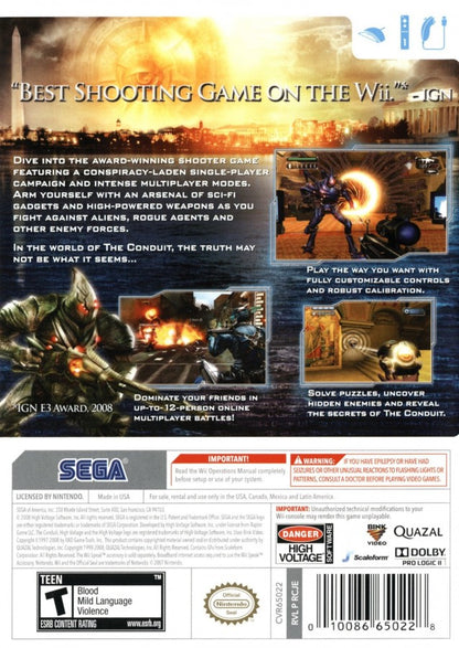 The Conduit back cover art for Nintendo Wii game featuring first-person shooter action and sci-fi conspiracy gameplay