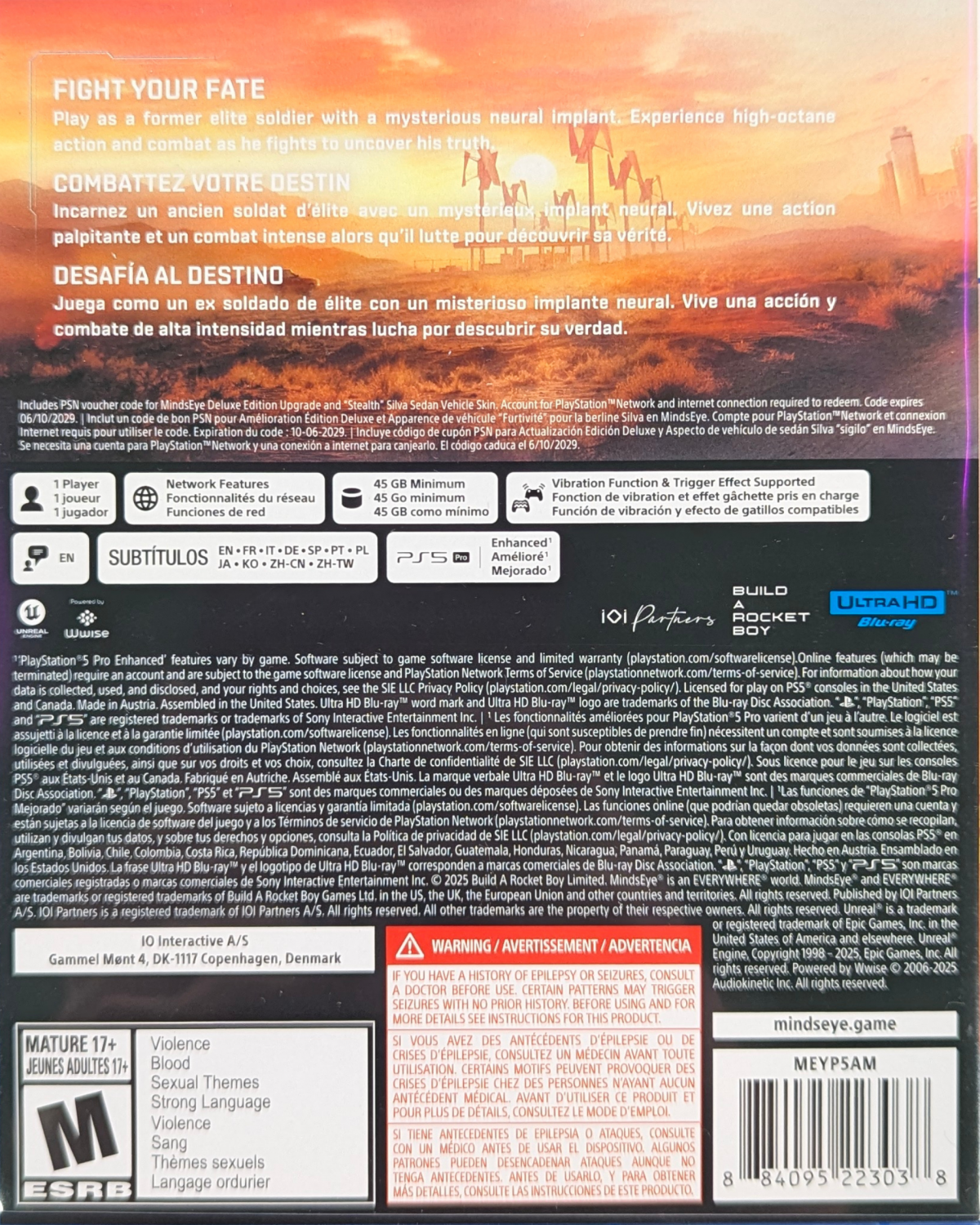 MindsEye for PlayStation 5 (PS5) at Gamers INC, featuring a high-octane, cinematic action-thriller set in a near-future world of corporate espionage, advanced robotics, and conspiracy-driven combat from the visionary creators of the "Everywhere" platform back cover