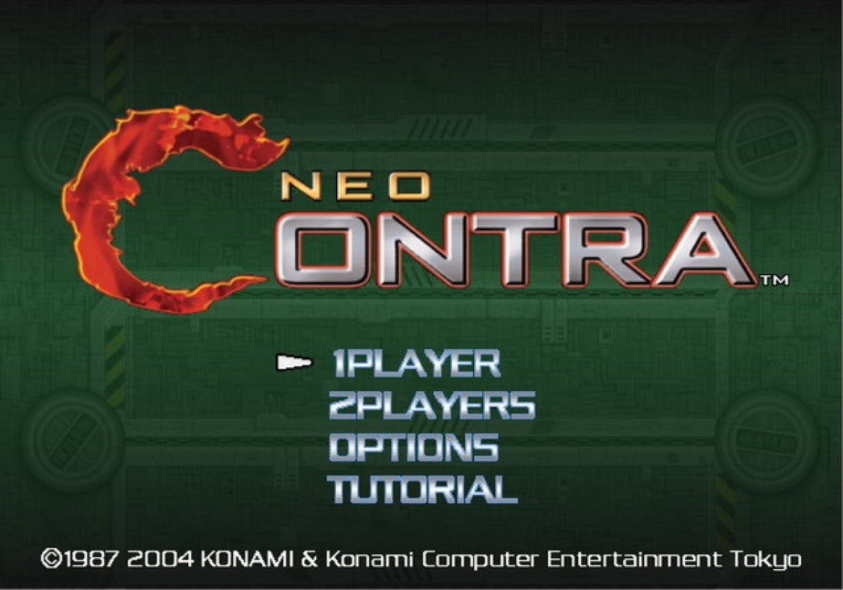 Neo Contra PS2 Sony PlayStation 2 run and gun action shooter Contra series arcade style top down and third person hybrid gameplay fast paced shooting enemy waves Konami co op action sci fi combat retro gaming PlayStation 2 software video game title start screen