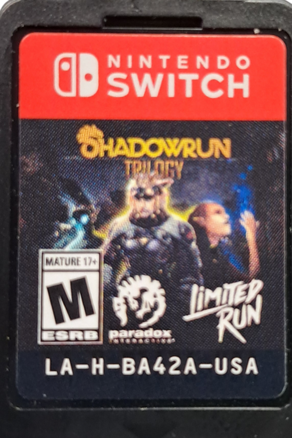 Shadowrun Trilogy Limited Run #163 Nintendo Switch inspired design featuring cyberpunk fantasy role playing adventure aesthetic futuristic dystopian cities magic and technology fusion tactical turn based combat deep narrative storytelling and atmospheric noir gameplay presentation cartrdige