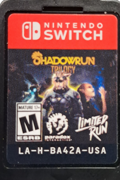 Shadowrun Trilogy Limited Run #163 Nintendo Switch inspired design featuring cyberpunk fantasy role playing adventure aesthetic futuristic dystopian cities magic and technology fusion tactical turn based combat deep narrative storytelling and atmospheric noir gameplay presentation cartrdige