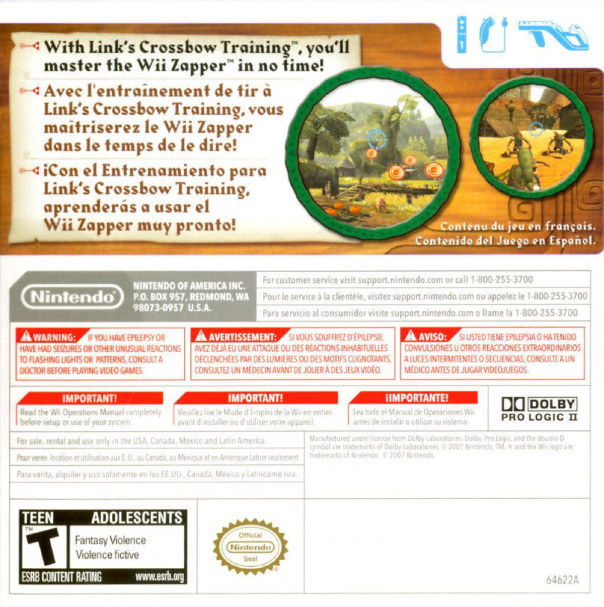 Link's Crossbow Training Nintendo Wii first-person shooter light gun game using the Wii Remote and Nunchuk based on The Legend of Zelda Twilight Princess with multiple stages and targets back cover