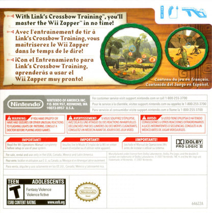 Link's Crossbow Training Nintendo Wii first-person shooter light gun game using the Wii Remote and Nunchuk based on The Legend of Zelda Twilight Princess with multiple stages and targets back cover