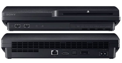 Front view of a Sony PS3 Slim console showing the disc slot, power and eject buttons, and logo.
Rear view of a Sony PS3 Slim console showing power input, AV and HDMI ports, Ethernet port, and ventilation grilles.