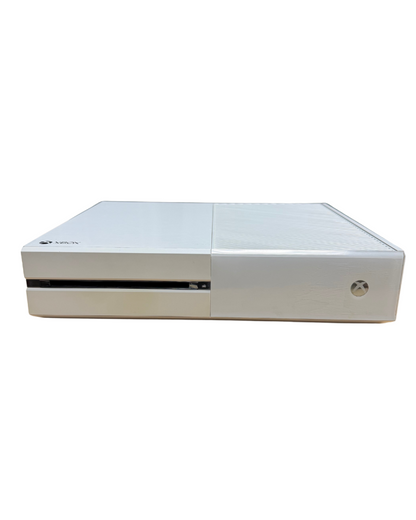 Front top view of the original Xbox One white edition console showing power button and disc slot