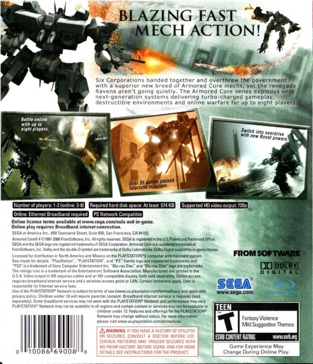 Armored Core 4 PlayStation 3 PS3 for retro video game enthusiasts featuring futuristic mech combat gameplay high speed armored warfare customizable mechs intense mission based action strategic battles sci fi environments and collectible gaming appeal back cover