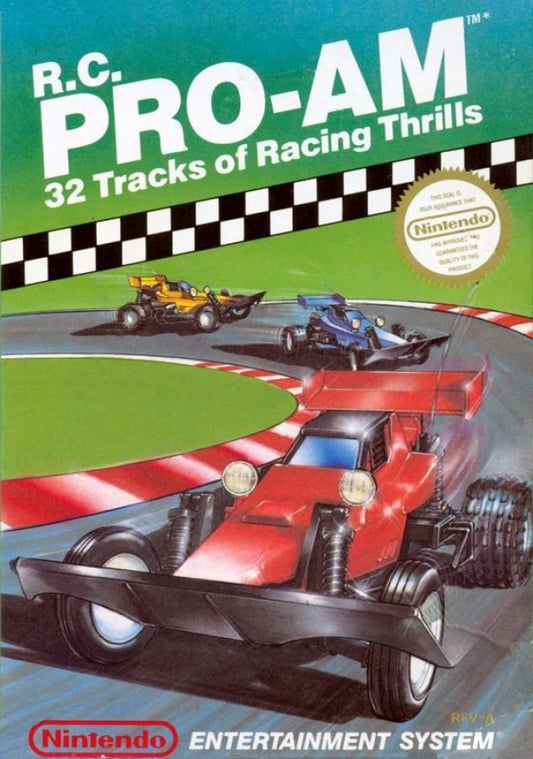 RC Pro-Am Nintendo Entertainment System NES for retro video game enthusiasts featuring isometric racing gameplay remote controlled vehicle competition power up collection fast paced track action multiplayer excitement precision driving mechanics and collectible gaming appeal cover art 