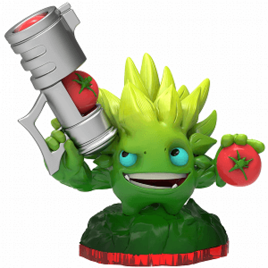 Food Fight Skylanders Trap Team figure, plant element tomato warrior with green leafy arms, holding tomato blaster and ammo crate, playful battle stance, detailed collectible toy on portal base from Skylanders Trap Team series