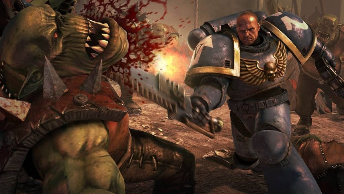 Warhammer 40 000 Space Marine PlayStation 3 PS3 video game featuring third person action shooter gameplay Space Marine combat Ultramarines battles Ork enemies weapon attacks melee combat futuristic war environments campaign missions and classic PlayStation 3 gameplay retro video game collection collectible gaming appeal gameplay