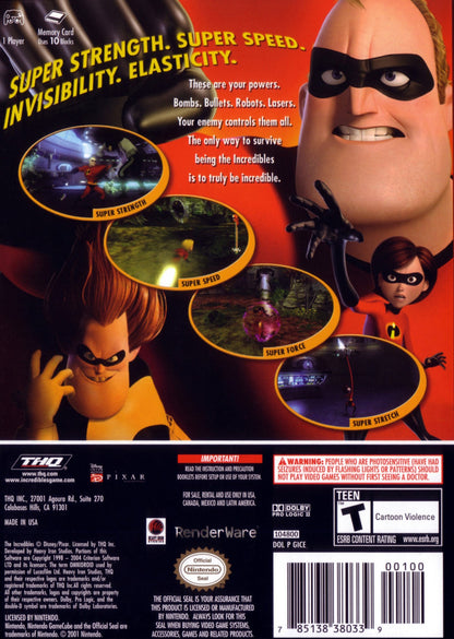 Disney Pixar The Incredibles Nintendo GameCube GC action adventure video game featuring the Incredible family superhero characters Mr Incredible Elastigirl Violet Dash and Jack-Jack superpowers combat enemies action-packed missions city exploration and classic Nintendo GameCube GC gameplay collectible retro gaming appeal back cover art