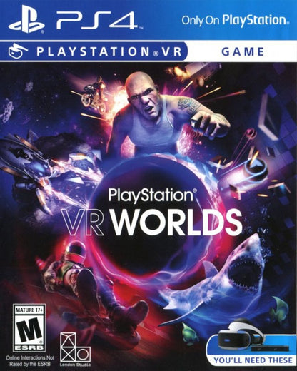 PlayStation VR Worlds – PlayStation 4 (PS4) video game cover image, virtual reality experience collection