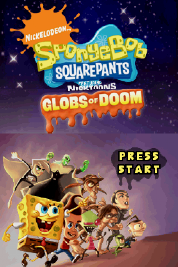 SpongeBob SquarePants: Featuring Nicktoons Globs of Doom action adventure cartoon start screen for Nintendo DS (DS) video game