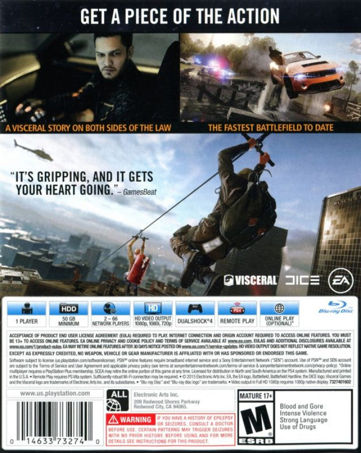 Battlefield Hardline [Deluxe Edition] back of case for PlayStation 4 (PS4) first-person cops vs criminals action shooter video game