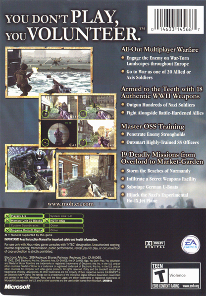 Medal of Honor: Frontline Platinum Hits for Xbox (XBOX) at Gamers INC, featuring an intense cinematic World War II campaign including the iconic D-Day landing at Omaha Beach for a definitive first-person shooter experience back cover