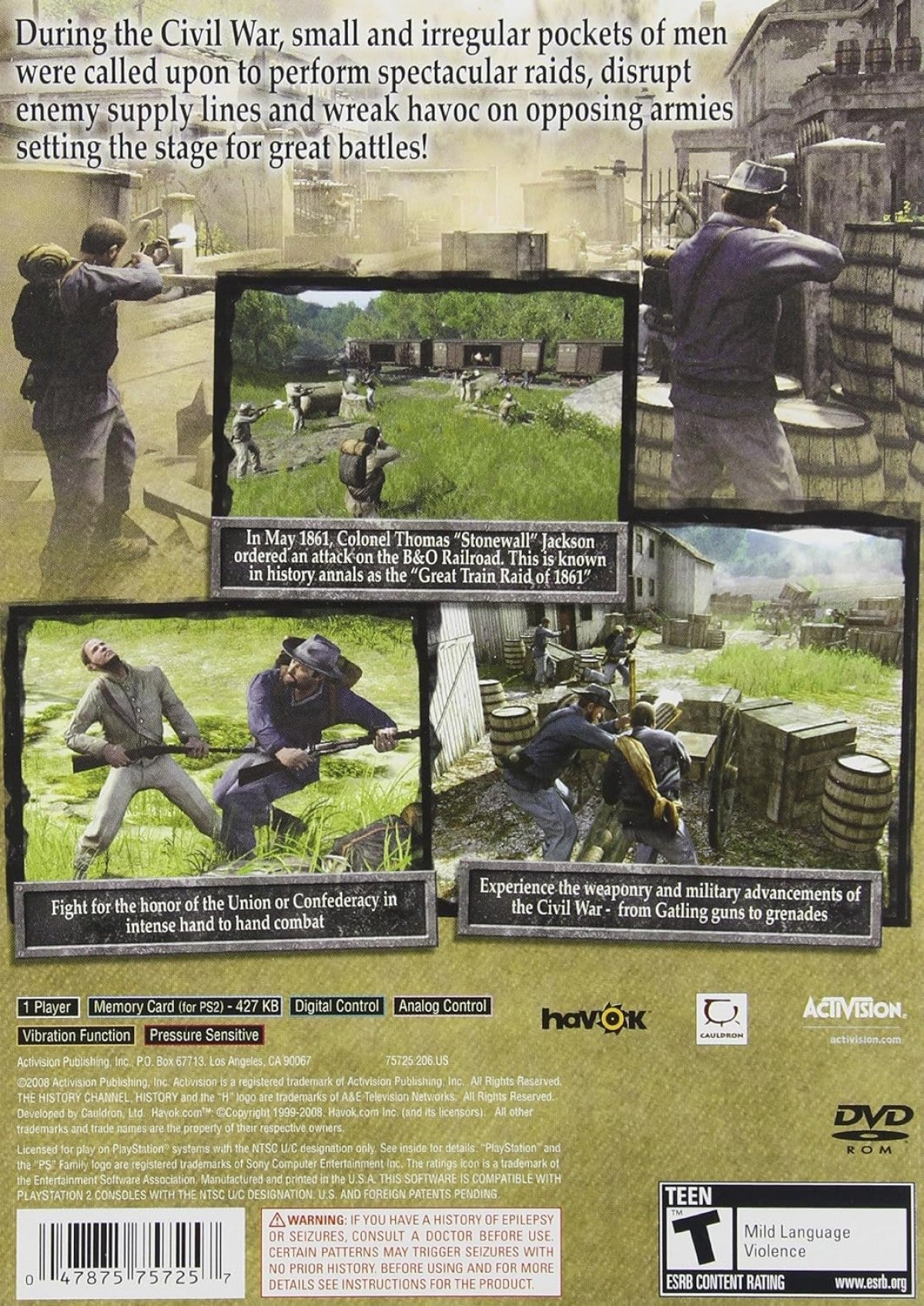 History Channel Civil War Secret Missions PlayStation 2 PS2 video game, first-person shooter, historical military missions, strategy action back cover