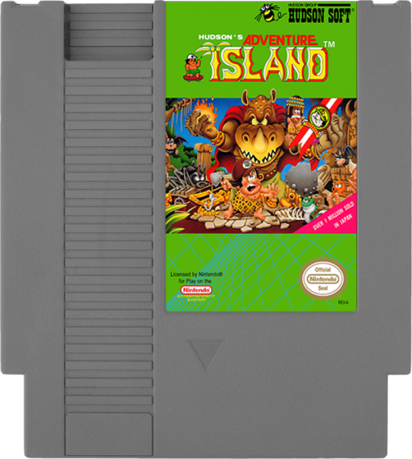 Adventure Island Nintendo Entertainment System NES video game featuring side scrolling platforming gameplay tropical island exploration obstacle courses enemy encounters fruit collecting power ups and classic 8 bit action retro video game collection collectible gaming appeal cartridge
