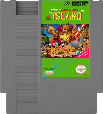 Adventure Island Nintendo Entertainment System NES video game featuring side scrolling platforming gameplay tropical island exploration obstacle courses enemy encounters fruit collecting power ups and classic 8 bit action retro video game collection collectible gaming appeal cartridge
