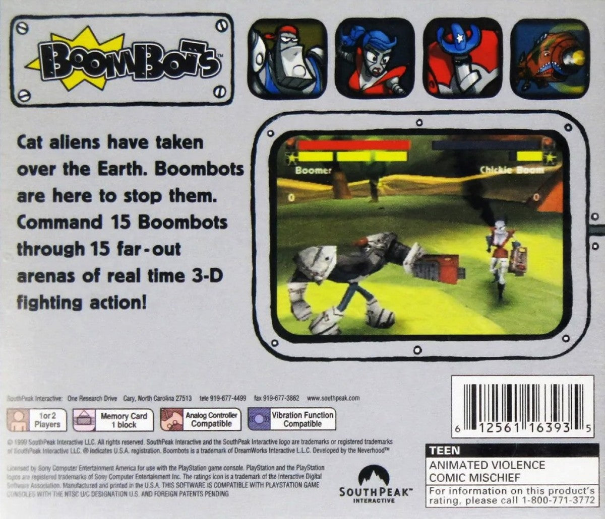 BoomBots PlayStation PS1 for action fighting video game fans featuring colorful robot battles fast paced arena combat explosive weapons multiplayer gameplay quirky characters cartoon style graphics arcade action challenging game modes collectible gaming appeal back cover art