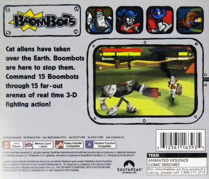BoomBots PlayStation PS1 for action fighting video game fans featuring colorful robot battles fast paced arena combat explosive weapons multiplayer gameplay quirky characters cartoon style graphics arcade action challenging game modes collectible gaming appeal back cover art