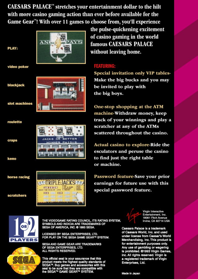 Caesar's Palace back cover art for Sega Game Gear (GG) video game