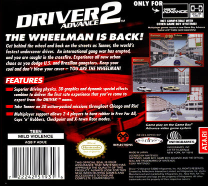 Driver 2 Advance for Game Boy Advance, back of case for an action driving video game with mission-based gameplay, open city environments, vehicle chases, and crime-themed challenges