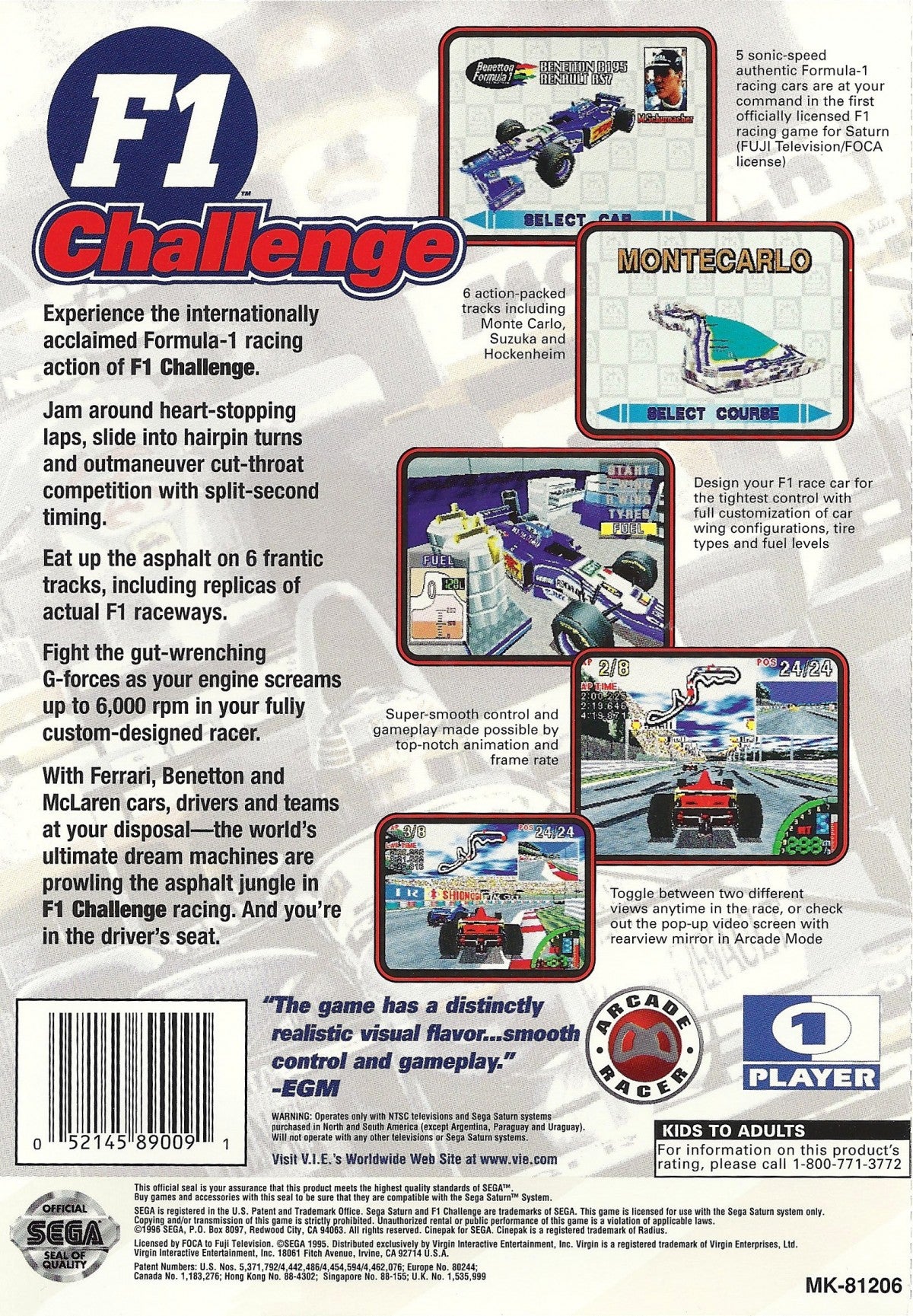 F1 Challenge Sega Saturn Formula One racing game simulation style motorsport racing circuits realistic driving physics championship mode cockpit and third person racing Sega licensed F1 gameplay retro gaming Sega Saturn software video game title back cover art 