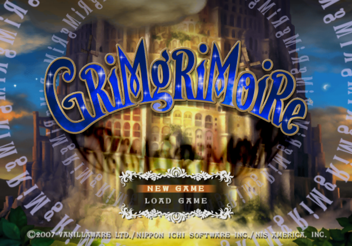 GrimGrimoire PS2 Sony PlayStation 2 real time strategy RPG magic school fantasy tactical combat summoning spells Vanillaware side scrolling strategy gameplay story driven wizard academy time loop narrative retro gaming PlayStation 2 software video game title start screen