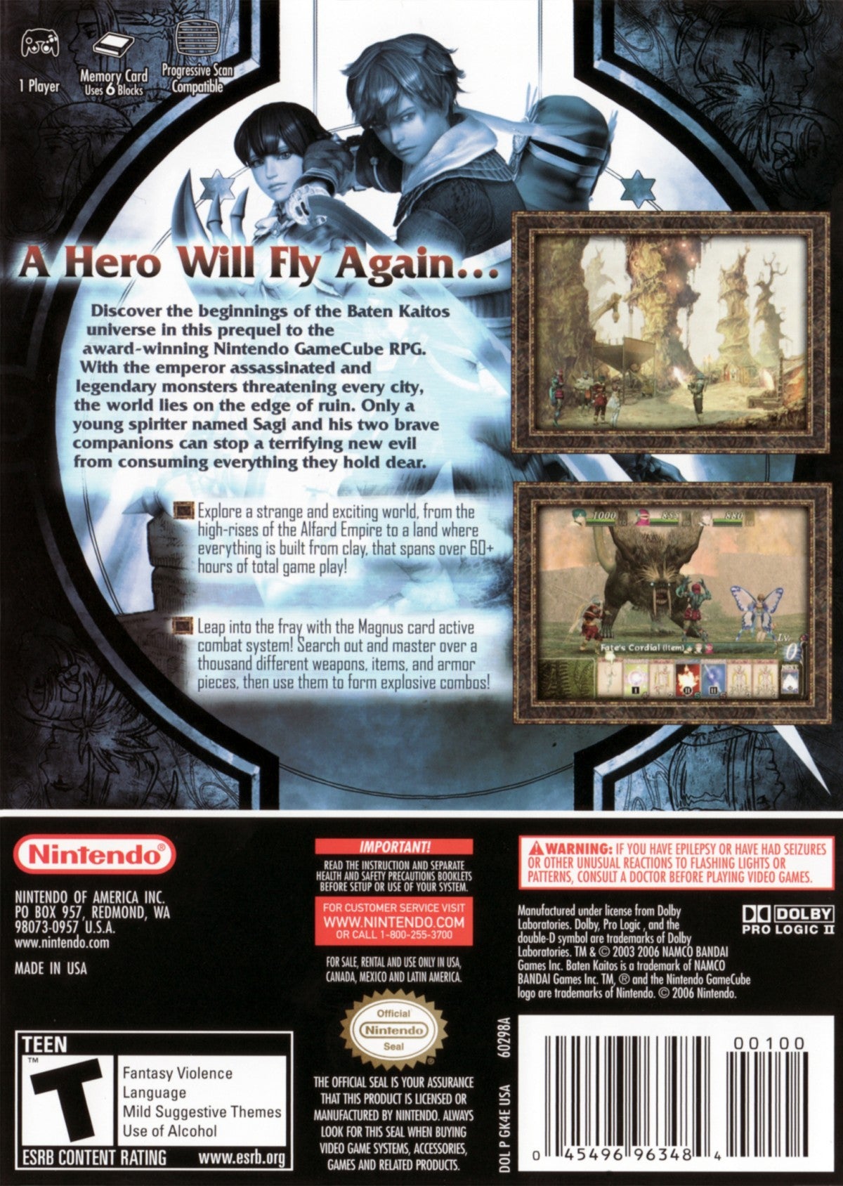 Baten Kaitos Origins for GameCube featuring story driven RPG gameplay with card based combat and anime style visuals back cover art