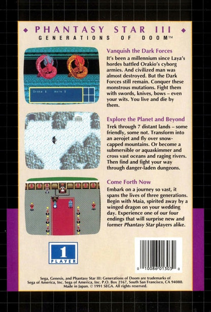 Phantasy Star III: Generations of Doom back cover art for Sega Genesis (GEN) video game