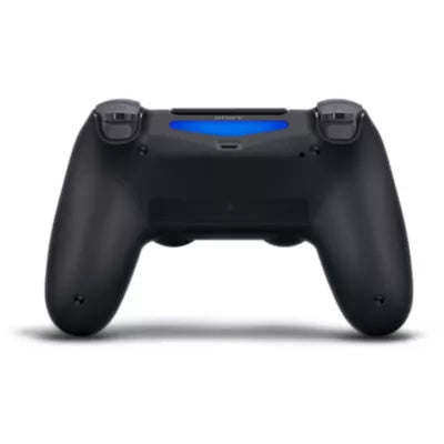 Black Sony DualShock 4 wireless controller for PlayStation 4 featuring touchpad, light bar, analog sticks, and ergonomic design