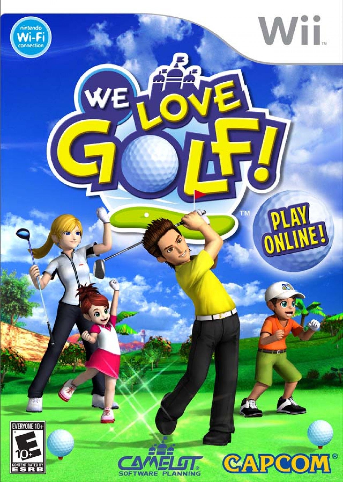 We Love Golf Nintendo Wii cover art for retro video game enthusiasts featuring arcade style golf gameplay colorful courses motion controlled swing mechanics multiplayer competition lighthearted sports action charming character designs and collectible gaming appeal cover art 