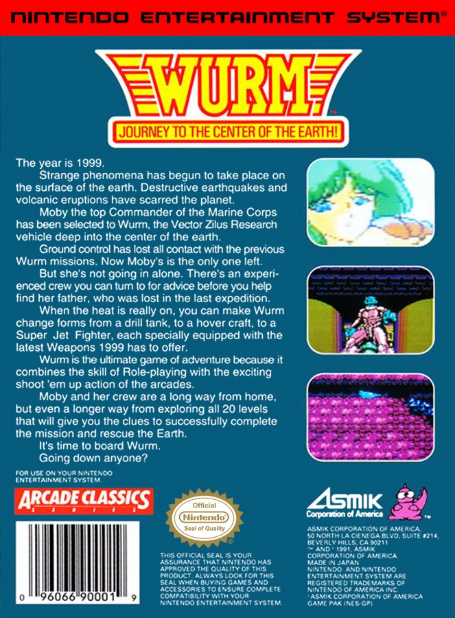 WURM Journey to the Center of the Earth Complete in Box CIB Nintendo Entertainment System NES for retro video game enthusiasts featuring action role playing gameplay side scrolling exploration subterranean adventure sci fi combat giant creatures classic 8 bit action complete in box collectible gaming appeal back cover