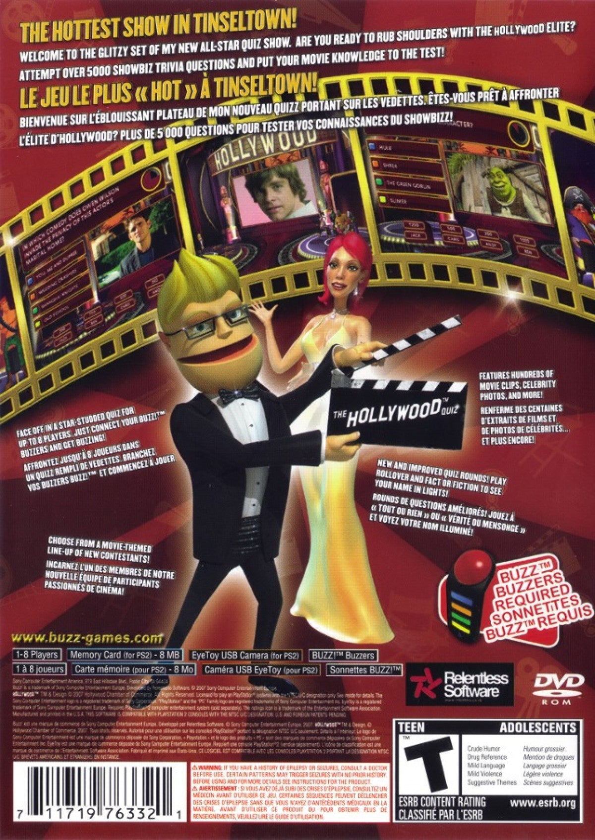 Buzz! Hollywood Quiz for PlayStation 2 with movie and celebrity trivia quiz back cover art