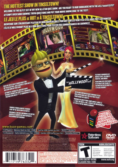 Buzz! Hollywood Quiz for PlayStation 2 with movie and celebrity trivia quiz back cover art