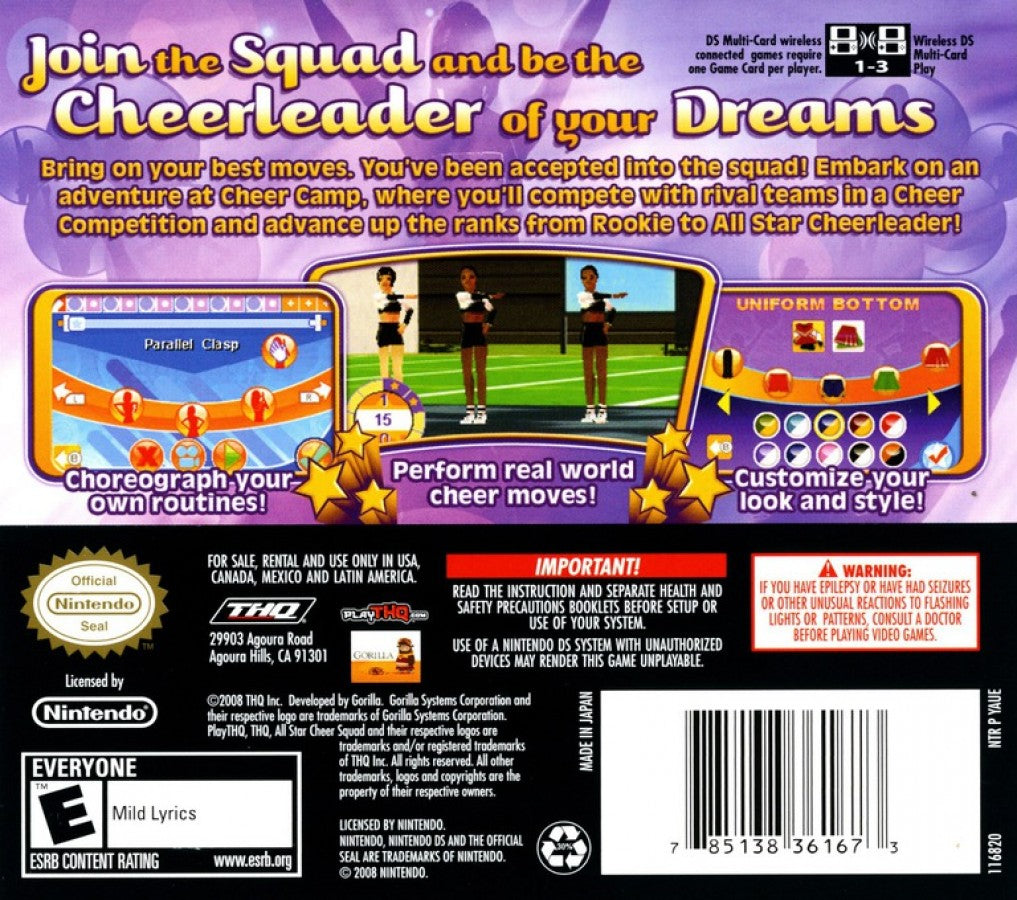 All-Star Cheer Squad Nintendo DS back of case for retro video game featuring competitive cheerleading gameplay, rhythm based routines, customizable squads, dance challenges, and portable sports simulation action on the Nintendo DS handheld system
