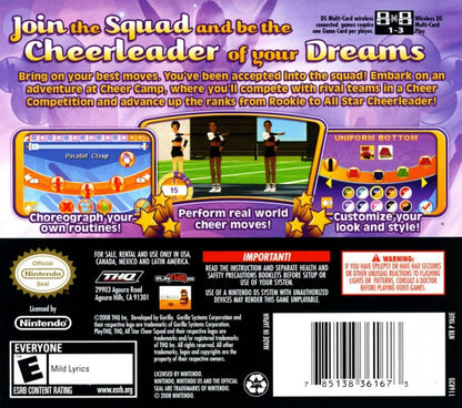 All-Star Cheer Squad Nintendo DS back of case for retro video game featuring competitive cheerleading gameplay, rhythm based routines, customizable squads, dance challenges, and portable sports simulation action on the Nintendo DS handheld system