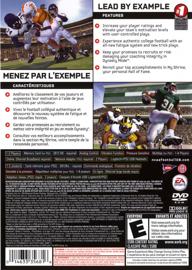 NCAA Football 08 – PlayStation 2 (PS2) college football sports video game back of case