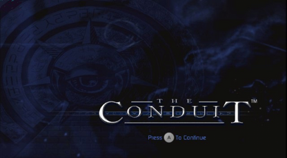 The Conduit title screen for Nintendo Wii game featuring first-person shooter action and sci-fi conspiracy gameplay