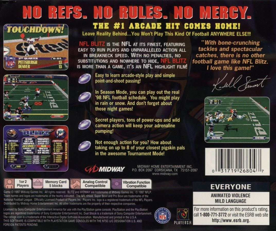 NFL Blitz arcade-style football video game for the original Sony PlayStation (PS1), featuring fast-paced American football action, hard-hitting tackles, powerful plays, exaggerated gameplay, quick matches, and intense multiplayer competition based on the popular NFL Blitz arcade series back cover art