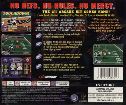 NFL Blitz arcade-style football video game for the original Sony PlayStation (PS1), featuring fast-paced American football action, hard-hitting tackles, powerful plays, exaggerated gameplay, quick matches, and intense multiplayer competition based on the popular NFL Blitz arcade series back cover art