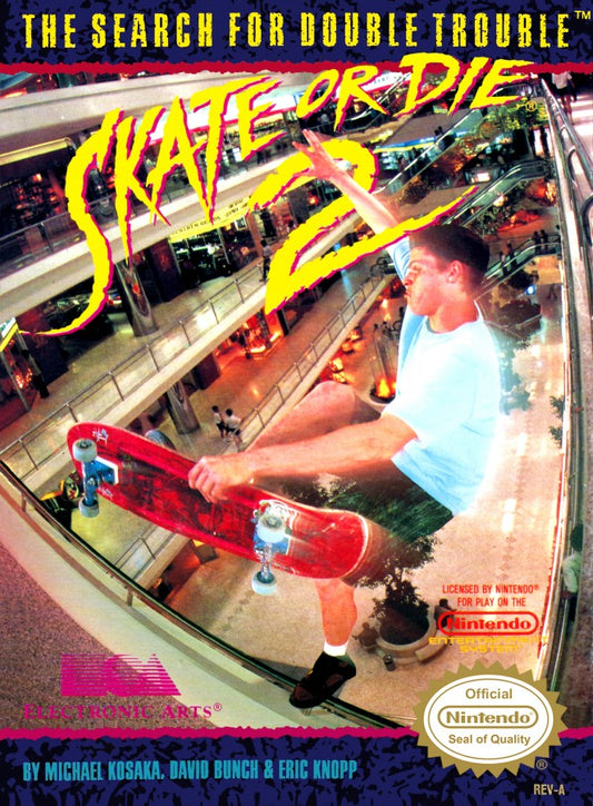 Skate or Die 2 cartridge for the Nintendo Entertainment System featuring 8 bit skateboarding action with downhill racing trick challenges and arcade style competition across urban courses front cover